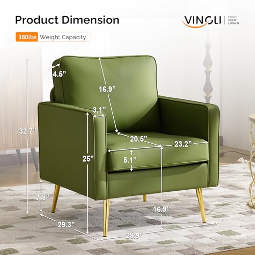 VINGLI Modern Accent Chair, Upholstered Faux Leather PU Armchair with Thick Cushion & Metal Legs, Comfortable Reading Chair for Living Room, Bedroom, Office, Green
