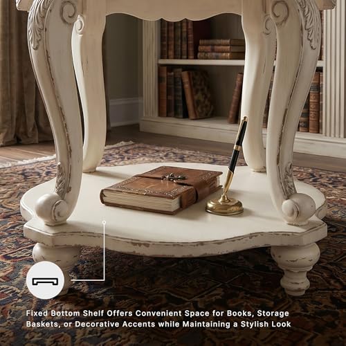 Signature Design by Ashley Realyn Round End Table, French Country, White | Ash veneer & engineered wood, Cast resin corbels, Fixed lower shelf, French country side table, White end table
