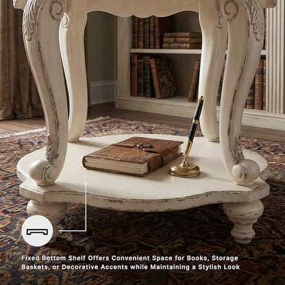 Signature Design by Ashley Realyn Round End Table, French Country, White | Ash veneer & engineered wood, Cast resin corbels, Fixed lower shelf, French country side table, White end table