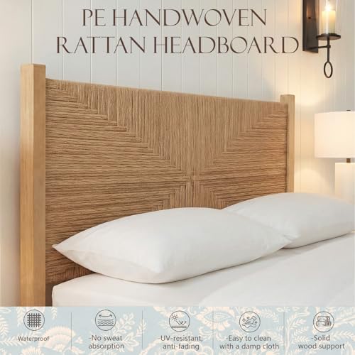 Brafab King Size Rattan Bed Frame, Boho Bed Frame with Hand Woven Wicker Headboard & Footboard, Mid-Century Solid Wood Posts and Feet, Metal Slat, No Box Spring Needed, Natural Oak - size: King (U.S. Standard)