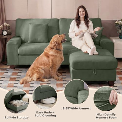 DOPEDIO 88.58" L-Shaped Sectional Couch with Storage Ottoman, Green | L-shaped sectional sofa with storage ottoman, chenille fabric, washable covers, pocket spring cushions, easy assembly - size: 88.58 inch-L, style: Green Chenille