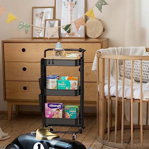 DTK 3 Tier Metal Utility Rolling Cart with Table Top and Side Bags, Tray Storage Organizer Wheels, Art Craft 4 Hooks for Kitchen Bathroom Office Living Room (Black) - color: Black, size: Large