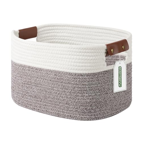 ECDYQXVU 15x10x9 Woven Cotton Rope Storage Basket, Leather Handles 1 Pack | Foldable Design, Sturdy PU Handles, Easy to Clean Organizer for Living Room, Closet, Shelves, Bedroom, Laundry, Clothes - color: White/Brown-1 Pack, size: 1 Pack