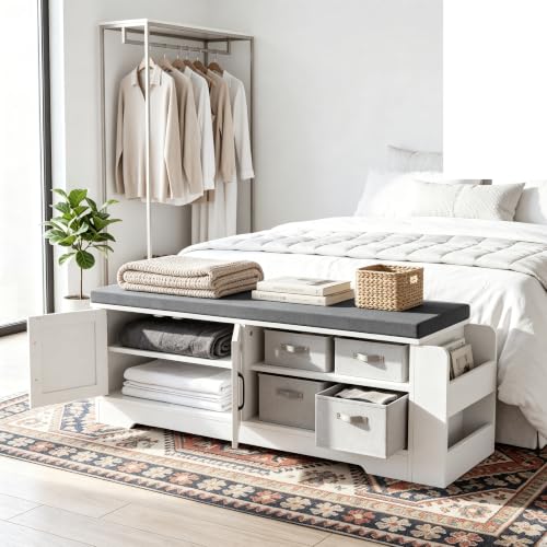 Farmhouse Shoe Storage Bench with 3-in-1 Entryway Storage & Padded Seat | 47.3" Wide Entryway Bench with Adjustable Shelves, Shoe Organizer & Side Storage Rack for Living Room, Bedroom, White - size: 47.3" Wide