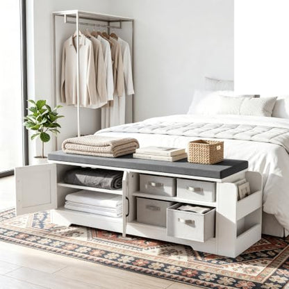 Farmhouse Shoe Storage Bench with 3-in-1 Entryway Storage & Padded Seat | 47.3" Wide Entryway Bench with Adjustable Shelves, Shoe Organizer & Side Storage Rack for Living Room, Bedroom, White - size: 47.3" Wide