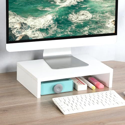 TEAMIX White Monitor Stand Riser for Desk, Small Computer/Laptop Stand Wood | 14.2"L x 9.5"W, Holds 80 lbs, Desktop Organizer Shelf, Ergonomic Morden Design, Easy Assembly, For Home Office, Gaming