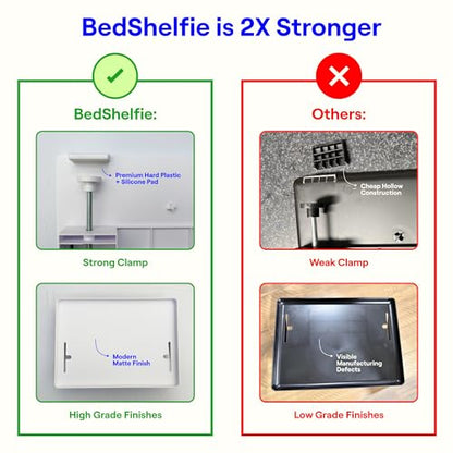 BedShelfie Bedside Shelf for Dorm Room - Cable Catch, White | Bunk Bed & Top Bunk, College Dorm Room Essentials, Bedside Caddy, Clip on Floating Desk Tray, Bed Side Table, Loft Nightstand - color: White