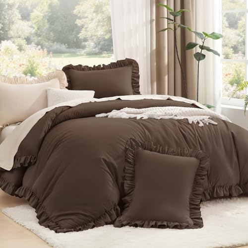 Litanika King Comforter Set, 3 Pieces Brown Ruffle Bedding Set | Farmhouse Shabby Chic Aesthetic Soft Fluffy Lightweight Breathable Bed Set for Girls Women Room Decor Gift All Season - color: Brown, size: King (104"x90")