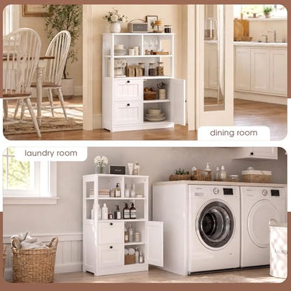 GRUSIGN Bathroom Storage Cabinet with Door and Drawers, Small Freestanding Bathroom Cabinet Organizer, Farmhouse Wooden Cupboard with Adjustable Shelves for Kitchen, Living Room, White - size: 34"H with Drawers