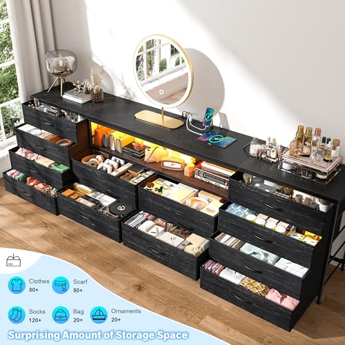 EnHomee 12 Drawers Dresser for Bedroom,TV Stand Fits 55/65/70 inch TVs | Entertainment Center with LED Lights & Power Outlets,Long Fabric Dresser with 2 Wood Shelves for Living Room,Black Wood Grain - color: Black Wood Grain