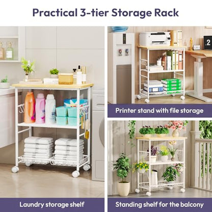 SWTYMIKI Rolling Kitchen Microwave Cart - 3 Tier Microwave Table Stand with Storage Basket and Hooks, Kitchen Utility Cart on Wheels, Coffee Cart Shelf Rack Organizer for Living Room Office, Balcony - color: White
