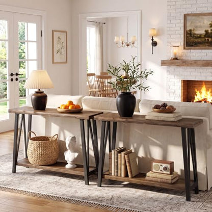 Tribesigns 41.3" Live Edge Solid Wood Console Table, Industrial 2-Tier Entryway Table with Sturdy Metal Frame, Narrow Sofa Accent Table with Storage Shelf for Living Room Hallway Foyer, Brown & Black
