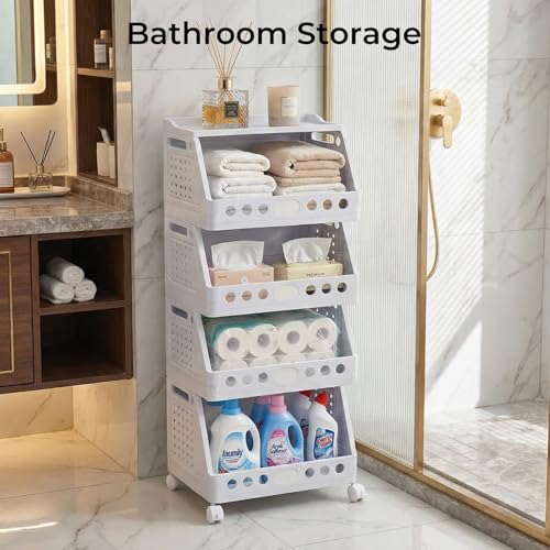 UFORU 4 Tier Rolling Storage Cart,Plastic Open Storage Basket with Wheels | Rolling Storage Shelf for Kitchen,Bathroom,Bedroom and Living Room,Versatile Home Organization for Books,Toys