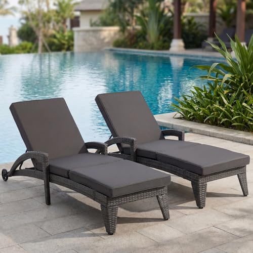 Patio Chaise Lounge Set of 2, Wicker Lounge Chairs Outdoor with Wheels, Wicker Chaise Lounges with Armrests All Weather, Solid Grey - color: Solid Grey, size: 2 pack