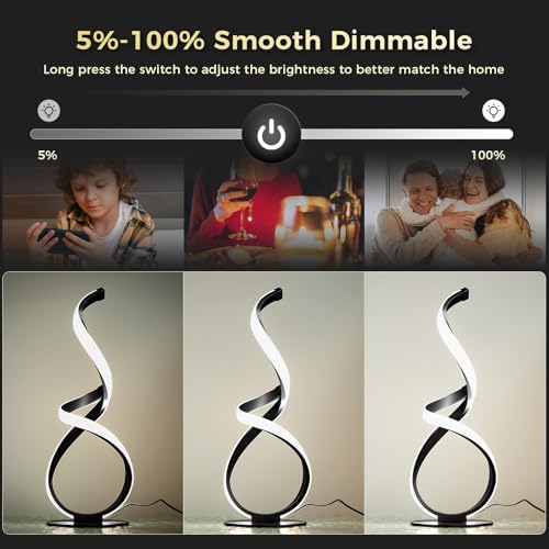Modern Dimmable LED Spiral Touch Table Lamp for Nightstand | 3 Color Temperature Desk Lamp, Unique Bedside Light for Living Room, Bedroom, Cool Lamps for Ideal Gift, Black - style: S-Shape-Black
