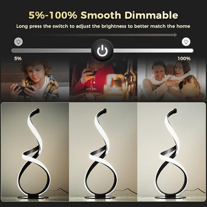 Modern Dimmable LED Spiral Touch Table Lamp for Nightstand | 3 Color Temperature Desk Lamp, Unique Bedside Light for Living Room, Bedroom, Cool Lamps for Ideal Gift, Black - style: S-Shape-Black