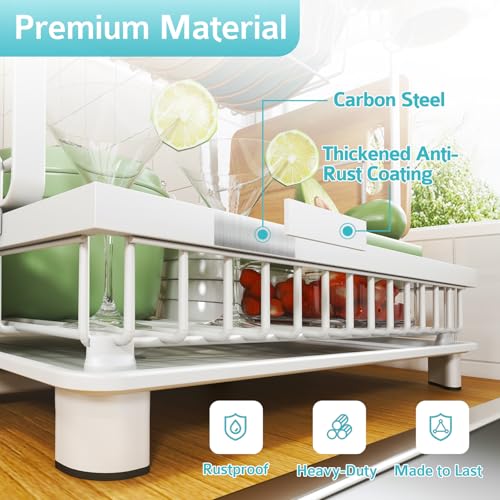 Multifunctional Dish Drying Rack - Rustproof, 2-Tier Dish Racks with Drainboard, Space-Saving Design, Utensil & Cup Holder for Kitchen Counter, White - color: White