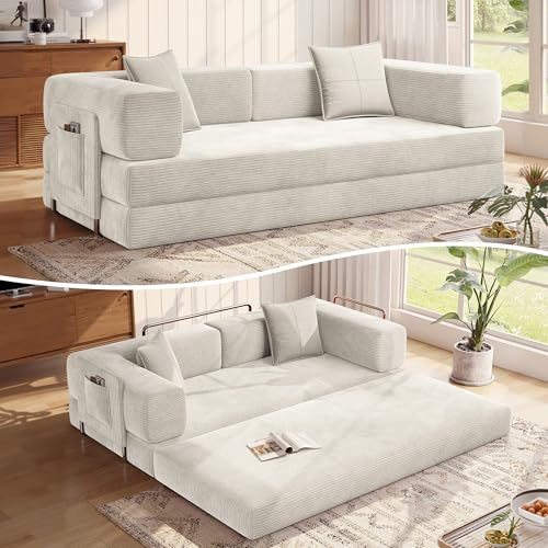MoonSpeak 78.8'' Futon Sofa Bed, Boneless Couches for Living Room | Corduroy Convertible Futon Sofa Bed with Storage Pocket, Modular Sleeper Couch in a Box, No Assembly (White) - color: White, size: 78.8inch
