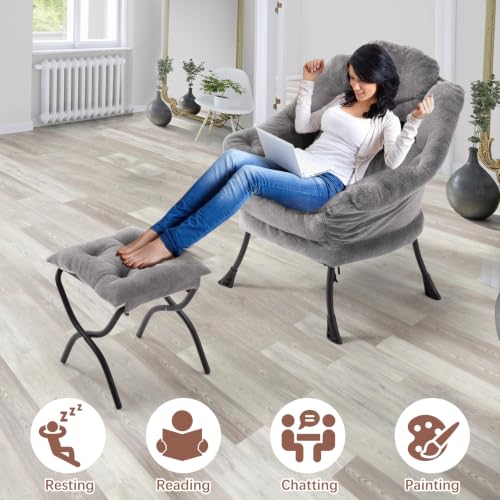 Lazy Chair with Folding Ottoman,Leisure Sofa Chair,Soft Fabric Armchair with Armrests and Side Pockets, Reading Chair with Footrest for Living Room, Bedroom, Office (Plush Light Grey) - color: Plush Light Grey