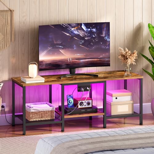 HOOBRO 충전 스테이션이 있는 TV 스탠드, 139.7cm(55인치), LED 엔터테인먼트 센터, 거실, 침실용 오픈 보관 선반이 있는 미디어 TV 콘솔 테이블, 러스틱 브라운 및 블랙 BF122UDDS01 - color: 러스틱 브라운 + 블랙