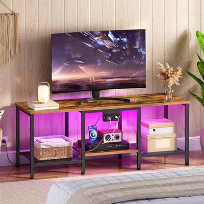 HOOBRO 충전 스테이션이 있는 TV 스탠드, 139.7cm(55인치), LED 엔터테인먼트 센터, 거실, 침실용 오픈 보관 선반이 있는 미디어 TV 콘솔 테이블, 러스틱 브라운 및 블랙 BF122UDDS01 - color: 러스틱 브라운 + 블랙