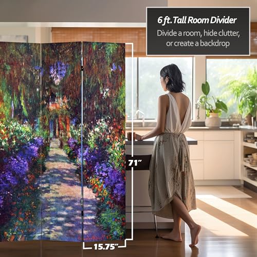 Red Lantern Double Sided Works of Monet Canvas Folding Screen - Lilies/Garden at Giverny, 6 ft. Tall - color: Lilies/Garden at Giverny, size: 6 Foot Tall - 4 Panel