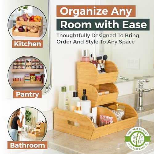 Potato and Onion Storage Bin for Pantry and Kitchen Counter - Ventilated Stackable Bamboo Organizer Baskets with Handles