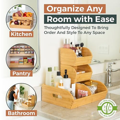 Potato and Onion Storage Bin for Pantry and Kitchen Counter - Ventilated Stackable Bamboo Organizer Baskets with Handles