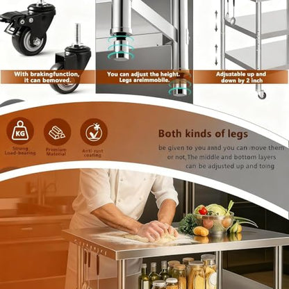 Stainless Steel Prep and Work Table with Wheels Kitchen,48x24in Multi-Size