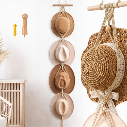 Macrame Hat Hangers Racks Boho Cowboy Hats Holders Western Display Organizer Storage decor Back of Door for Wall(Beige,Four Hats Style) - color: Beige, style: Four Hats Style