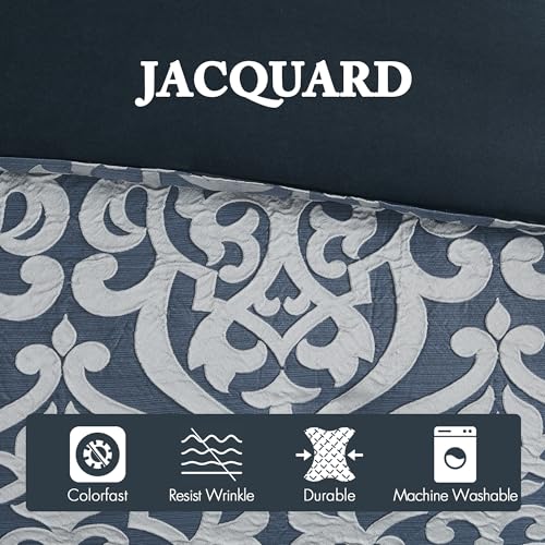Madison Park Odette Cozy Comforter Set Jacquard Damask Medallion Design - Modern All Season, Down Alternative Bedding, Shams, Decorative Pillows, Queen(90 in x 90 in),Navy 8 Piece | All Season Down Alternative Bedding with Comforter, Shams, Bed Skirt, Dec