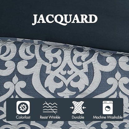 Madison Park Odette Cozy Comforter Set Jacquard Damask Medallion Design - Modern All Season, Down Alternative Bedding, Shams, Decorative Pillows, Queen(90 in x 90 in),Navy 8 Piece | All Season Down Alternative Bedding with Comforter, Shams, Bed Skirt, Dec