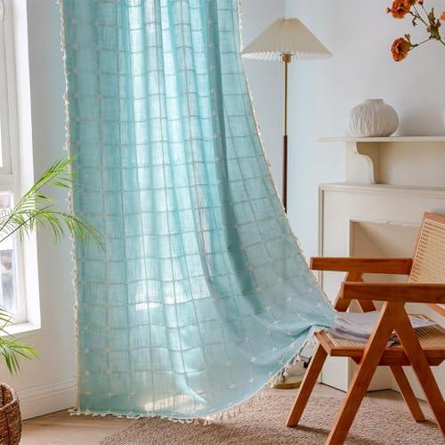 Deeprove Boho Plaid Curtains 72 inch Length for Home Office Kitchen Nursery, Semi Blackout Farmhouse Tassels Window Treatment Bohemian Embroidery Drape Rod Pocket 1 Panel 52" W x 72" L, Aqua - color: Aqua, size: 52"W x 72"L (Pack of 1)