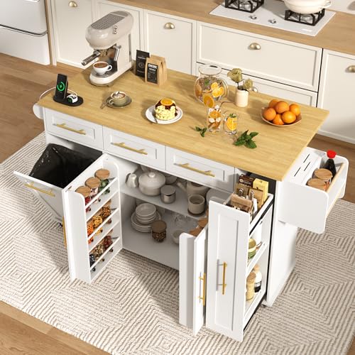St.Mandyu 69" Large Kitchen Island on Wheels, Kitchen Rolling Island Cart with Trash Storage Cabinet, Power Outlet, 3-Tier Pull-Out Storage Trays, Drop Leaf, Mobile Island Table for Kitchen, White - color: White