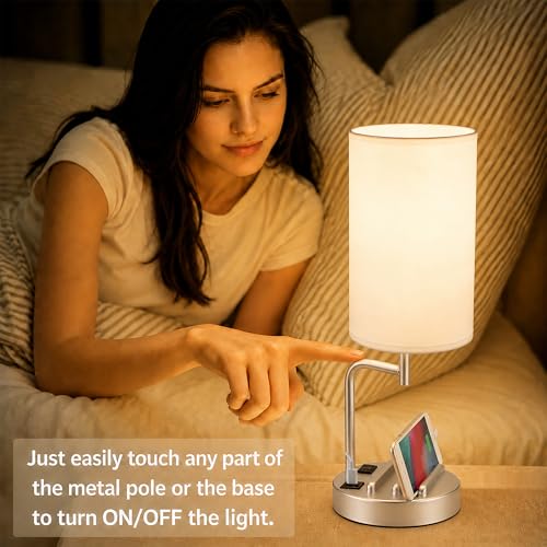 Dreamholder Touch Control USB Table Lamp with USB C/A & AC Outlet, 3-Way Dimmable Bedside Lamp, Modern Nightstand Lamps for Bedroom Living Room Guest Room Office, Bulb Included, Silver - color: Silver