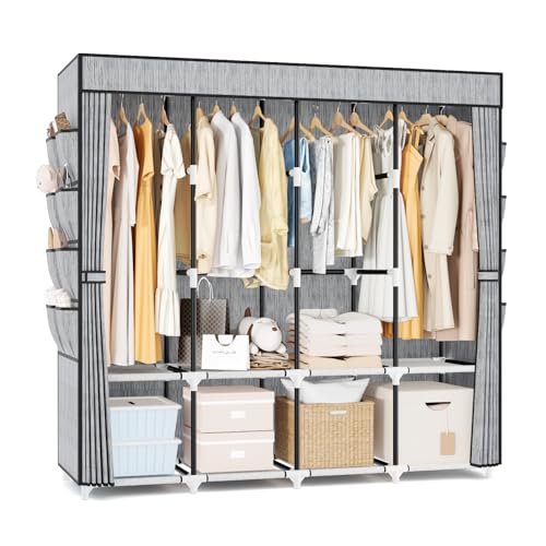 Portable Closet for Hanging Clothes, 67 Inch Wide Portable Wardrobe Closet with Cover, 4 Hanging Rod, Storage Shelves and Side Pockets, Large Free Standing Closet for Bedroom, Printing - color: Printing, size: 4 Row - 67'' Wide