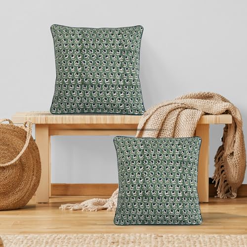 Block Print Basil Green Pillow Cover 18" x 18" (Pack of 2) Decorative Couch Pillows for Living Room, Chic Boho Cute Outdoor Pillows Covers Gifts for Spring, Easter and Valentine - color: Basil Green, size: 18" x 18" (Pack of 2)