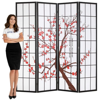 Japanese 4-Panel Screen Room Divider, 6Ft Folding Privacy Divider, White | Chinese Room Dividers, Wooden Freestanding Partition Screen with Plum Blossom