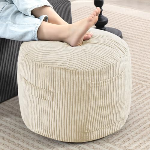 Round Stuffed Pouf Ottoman (Beige, 20" D x 20" W x 15" H) | Corduroy Foot Rest with Rebound Foam Filling, Furry and Fluffy Foot Stool Ottoman, Floor Poufs for Living Room - color: Beige, size: 20"D x 20"W x 15"H
