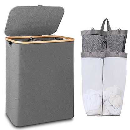 IEGrow Laundry Hamper with Lid,150L Laundry Basket with 2 Mesh Bags,Grey | Dirty Clothes Hamper Basket with Bamboo Handle for Clothes Towels - color: Grey, size: 150L