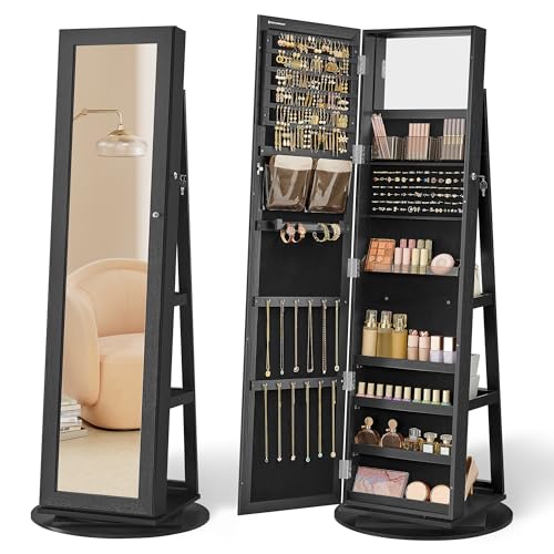 SONGMICS 360° Swivel Jewelry Cabinet, Lockable Jewelry Organizer with Full-Length Mirror, Rear Storage Shelves, Interior Mirror, Jewelry Armoire, Gift Idea, Black UJJC006B01 - color: Black, style: Framed Mirror, Classic