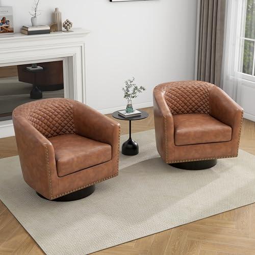 Faux Leather Swivel Accent Chair, Modern Barrel Club Armchair, Brown | Comfy Living Room Chair, Modern Nailhead Trim Round Armchair Bedroom Reading Seat with Removable Cushion, Wood Frame - color: Retro Brown