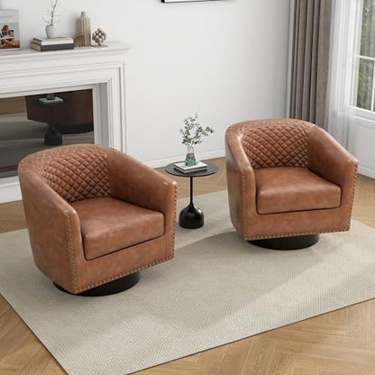 Faux Leather Swivel Accent Chair, Modern Barrel Club Armchair, Brown | Comfy Living Room Chair, Modern Nailhead Trim Round Armchair Bedroom Reading Seat with Removable Cushion, Wood Frame - color: Retro Brown