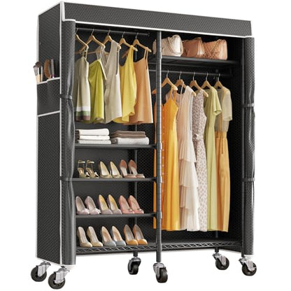 VIPEK R4C Portable Closet Rolling Clothes Rack with Wheels & Zippered Cover | Black Upgraded Fabric Cover, Lockable Wheels, 4 Adjustable Shelves, 2 Hanging Rods, Metal Porable Garment Rack for Bedroom - color: Black Rack with Black Cover, style: R4C