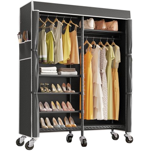 VIPEK R4C Portable Closet Rolling Clothes Rack with Wheels & Zippered Cover | Black Upgraded Fabric Cover, Lockable Wheels, 4 Adjustable Shelves, 2 Hanging Rods, Metal Porable Garment Rack for Bedroom - color: Black Rack with Black Cover, style: R4C