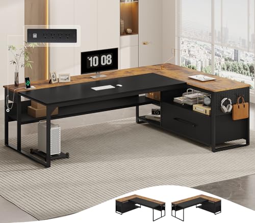 71" Executive Desk, L Shaped Office Desk with Widen File Drawers | Reversible Large Corner Computer Desk with Cabinet,Power Outlets,Storage Shelves,CPU Stand, Hooks,Business Furniture Brown - color: Brown, size: Widen Drawer