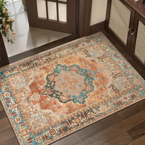 Tangsoo 2x3 Washable Rugs for Entryway, Vintage Non Slip Small Rug Orange | Oriental Indoor Front Door Rug, Boho Soft Low Pile Door Mat Carpet Throw Rugs for Entry Entrance Kitchen Bedroom Home Decor - color: Rusty Orange, size: 2' X 3' (Rectangular)