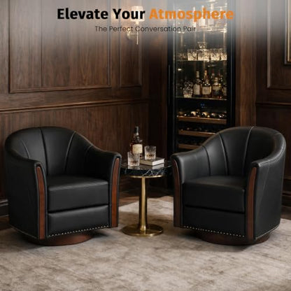 360° Swivel Accent Chair, Faux Leather Swivel Barrel Chairs | Nailhead Trim & Wood Base, Round Armchair Club Chair, Modern Reading Chairs for Living Room (BX01, Wood Black) - color: Wood Black