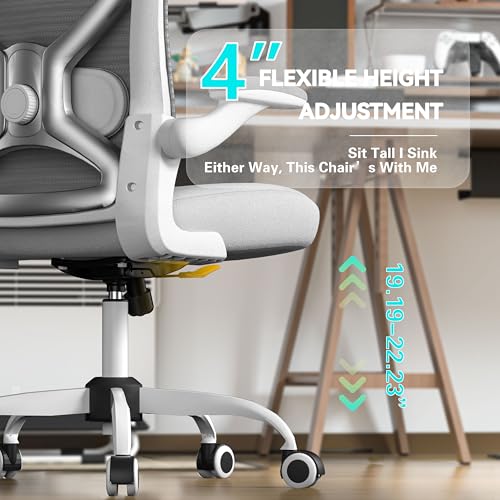 Ergonomic Home Office Chair, 4-Way Lumbar, Thick Cushion, 330LBS | Adjustable Lumbar (up/down/in/out), Rocking Mesh Back, Flip-up Arms, Easy Assembly, Ideal for home offices & small workspaces - color: White-grey and Silver
