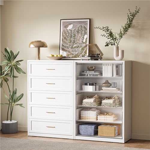 COFaR Metal Dresser for Bedroom, White 5 Drawer Bedroom Dresser with Gloden Handle, Dressers & Chests of Drawers for Nightstand Bedside, 48in Tall White - color: White, size: Farmhouse 5 Drawer